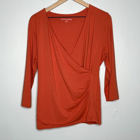 Soft Surroundings Womens Wrap Shirt Large Orange 3/4 Sleeve Soft Pima Cotton - Picture 1 of 8
